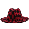 Rood en zwart geblokte wollen fedora hoed met brede rand voor de herfst en de winter - M (56-58cm) / Rood Geblokt
