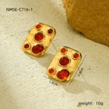Macro detail of retro golden earrings with red gemstone inlay and hammered texture - Stud Earrings-Red Stone(NMSE-C716-1) / Gold