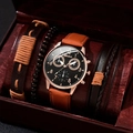 Men's quartz watch and beaded bracelet set displayed in a brown suede gift box - Chronograph Look Brown Strap Set S00201-5 (Watch And Bracelets)