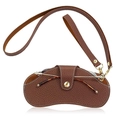 Dark brown pebble leather glasses case with gold clasp and adjustable lanyard strap - Wristlet + Lanyard Style / Coffee