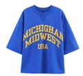 Detail of Michigan Midwest USA lettering on a navy blue vintage washed cotton t-shirt - S / Royal Blue T-Shirt