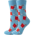 Detail of light blue crew socks featuring red party cup patterns and white polka dots - Blue Drink