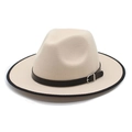 Detail of beige wool fedora featuring black trim edge and leather band with silver buckle - M (56-58cm) / Beige