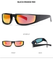 Detailed views of sports sunglasses with black frames and orange-red mirrored lenses - Black Frame Red Lens (C10)