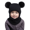 Detail of black knit baby hat with dual faux fur pom-poms and integrated neck warmer - One Size / Black