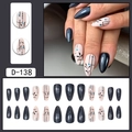 Peacock green glitter press-on nails with floral designs and blue rhinestones - Dark Blue Starry Sky Glitter Black Painted Floral Style (D-138) / 24 Pcs/Set