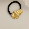 Minimalist hair tie with a gold geometric alloy charm and high-elasticity black band - 3D Irregular Block Gold