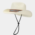 Detail of bohemian straw sun hat featuring colorful ethnic band and adjustable wind rope - One Size / Ivory