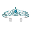 Detailed view of silver tiara with blue water-drop crystal and side hair combs - Silver Blue Zirconia
