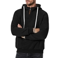 Men's black quarter-zip hoodie with white drawstrings and ribbed cuffs on model - S / Black