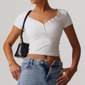 Slim fit white yoga t-shirt with Henley V-neckline and decorative metal snap buttons - XS / Milky White