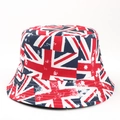 Detail showing vintage Union Jack print and stitching on the cotton sun bucket hat - M (56-58cm) / Geometric Flag Print Style (A#)