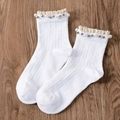 White cotton crew socks with vintage lace trim and delicate pearl beads embellishment - One Size / White