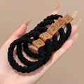Elastic black hair ties with brown leather bear charms for high ponytails, 4-piece set - 96# Black