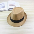 Classic straw jazz fedora in natural wood color with sleek black decorative ribbon - One Size / Khaki