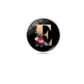 Floral alphabet E glass gem brooch badge with red and blue flower design on black background - Letter E