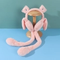 Pink plush earmuffs with moving bear ears and long straps displayed on wood stand - One Size / Bear-Orange Pink