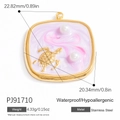 Square gold stainless steel sea turtle pendant with pink liquid sand and pearls - Sea Turtle Pendant (PJ91710)
