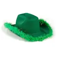 Green St. Patrick's Day western cowboy hat featuring festive green tinsel feather trim - Green Cowboy Hat With Silver Wire