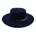 Detail of navy wool felt fedora featuring a woven band with a gold diamond buckle - Navy Blue