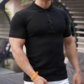 Close-up of black vertical ribbed knit polo shirt for men with slim fit athletic texture - Black