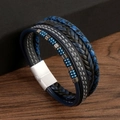 Detail of multi-layer woven leather bracelet with blue beads and stainless steel clasp - Silver & Blue