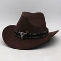 Classic dark brown faux suede western cowboy hat with ethnic band and silver bull head ornament - One Size 56-60cm / Coffee (Colorful Bull)