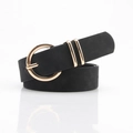 Women's black nubuck leather belt featuring a round gold buckle and dual metal loops - Black