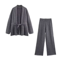 Conjunto de punto gris oscuro con cárdigan con cinturón y pantalón a juego - S / Top y Pantalones / Gris