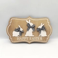 Easter wooden hanging sign with three white rabbits and Happy Easter text on wood - Log Color Plaid Bunny Combination