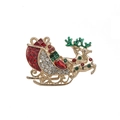 Goldene Weihnachts Rentier Schlitten Brosche mit roten Straßsteinen und grüner Emaille - Schlitten
