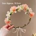 Pink and white flower girl headband with ribbons, 18.5cm diameter floral hair wreath - Champagne Flower Garland