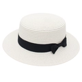Elegant cream boater straw hat with black ribbon bow for women summer sun protection - Adult (56-58cm) / White