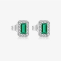 Elegant S925 sterling silver stud earrings featuring rectangular emerald gemstone with halo - White Gold-MME1039-Rectangle Emerald Green