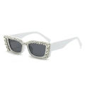 Retro square white sunglasses for women with rhinestone frames and dark gray lenses - White Frame Gray Lens