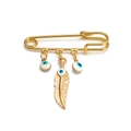 Spilla da balia dorata con ciondoli a forma di occhio blu e un pendente a piuma d'oro - Spilla con piuma d'oro e ciondoli con occhio blu