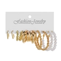 6-pair set of vintage geometric C-shaped gold alloy and white pearl hoop earrings - 6 Pairs Set / Gold White