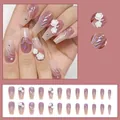 24pcs long coffin press-on nails with white rose 3D art, pearls, and pink gradient finish - 3D Rose Rhinestone Style (D526) / 24 Pcs/Set