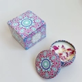 Scented soy candle in a mandala pattern metal tin with dried flower petals and gift box - Cherry Honey (Tin)