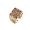 Goldener offener Ring mit lila Emaille-Quadrat und funkelndem Zirkon-Smiley-Muster - Einstellbar Offen / Rosa