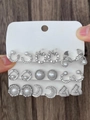 9-pair silver fashion earring set with pearls and rhinestones on a white display card - 22 Silver White (White K)