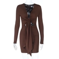 Sexy brown deep V-neck knit long sleeve dress with waist cut-outs and ruched detail - S / Brown