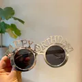 Silver Happy Birthday novelty sunglasses with round black lenses for party celebrations - Single Layer Happy Birthday / Small Happy Silver