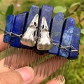 Handmade silver hair comb featuring dark blue lapis lazuli crystals and a small skull charm - Lapis Lazuli + Silver Crow Skull