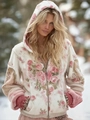 Women's hooded zip jacket with pink rose floral print in cozy faux fur on snow background - 3XL / Pink Rose Print (RW-JLZIP03-1908)