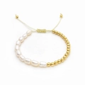 Elegante gelaagde armband met natuurlijke parels, gouden kralen en geel geweven koord - Half parel half gouden kraal splicing armband