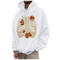White fleece hoodie featuring skeleton and pumpkin print with drawstring and pocket - S / Tops / White
