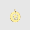 Golden stainless steel round pendant with silver letter Q and hammered finish - 14K Gold - Q