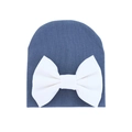 Dark blue knitted baby hat with a large white decorative bow for newborns 0-6 months - 0-6 Months / Navy Blue and White