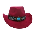 Fuchsia western cowboy hat with bohemian ethnic floral band and turquoise gemstone - Wine Red [Wide Leather Embroidery]